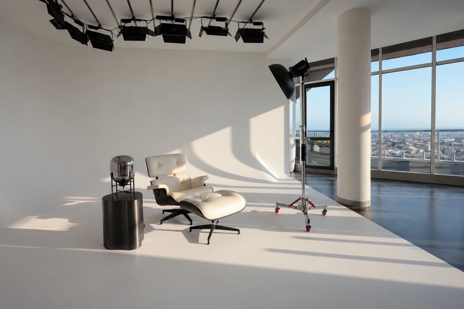 Eames լաունջ բազկաթոռ արևոտ ցիկլորամայի վրա՝ սոֆթբոքսով